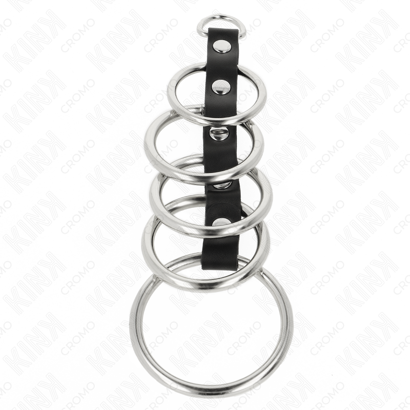 KINK - 5 METALEN PENISRINGEN 3,2 CM TOT 5 CM VERBONDEN DOOR LEER