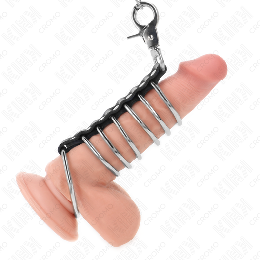 KINK - 7 METALEN PENISRINGEN 3.8 CM TOT 5 CM VERBONDEN MET LEER EN METALEN KETTING 100 CM