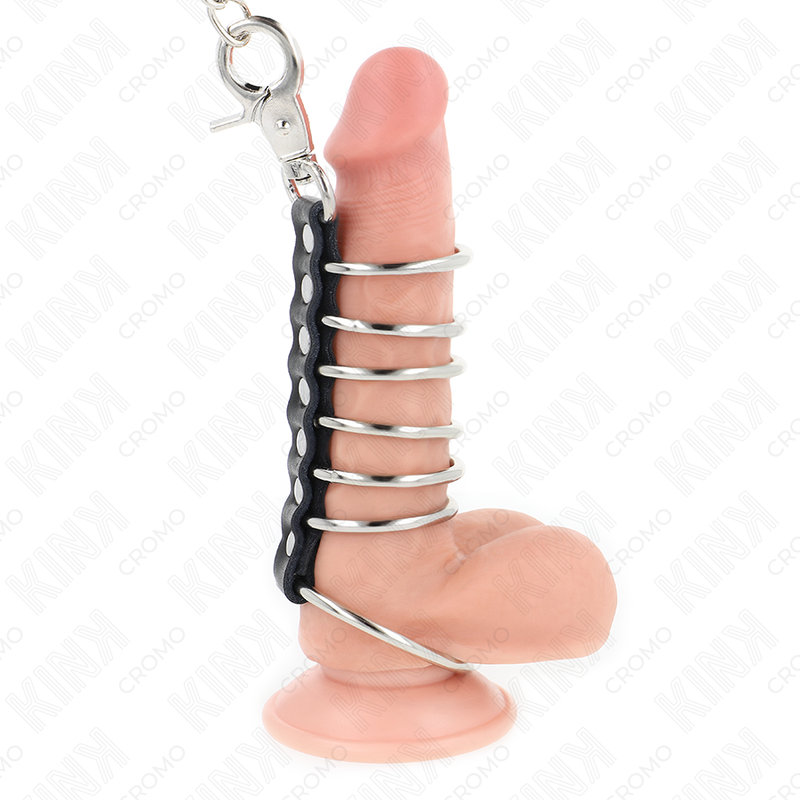 KINK - 7 METALEN PENISRINGEN 3.8 CM TOT 5 CM VERBONDEN MET LEER EN METALEN KETTING 100 CM