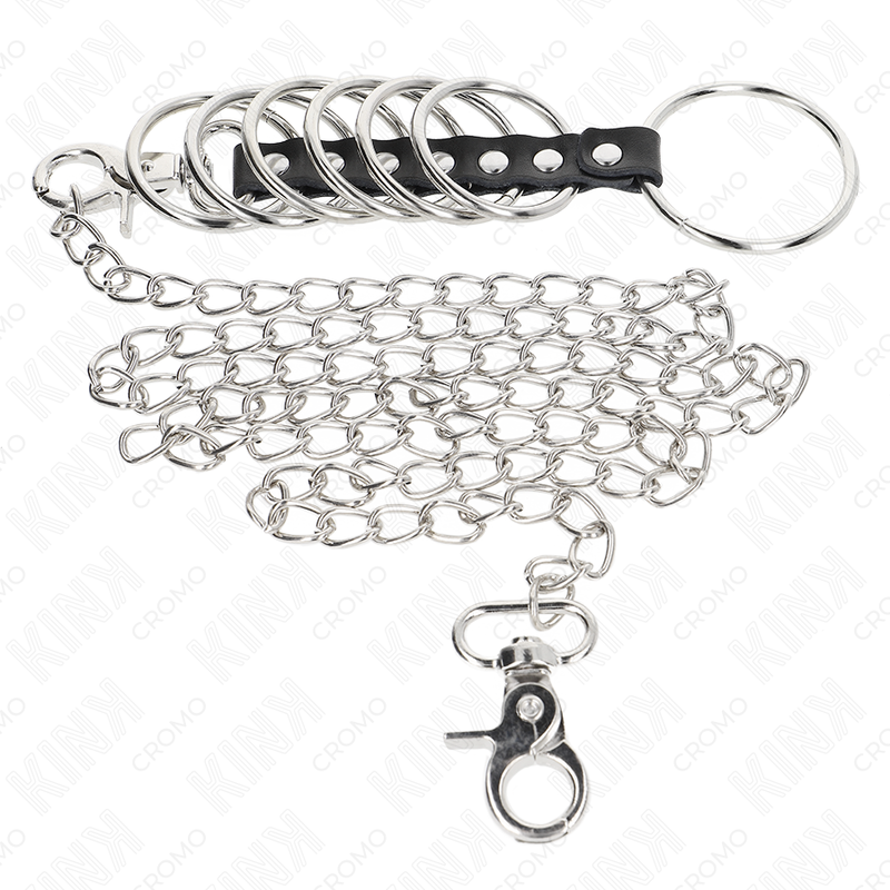 KINK - 7 METALEN PENISRINGEN 3.8 CM TOT 5 CM VERBONDEN MET LEER EN METALEN KETTING 100 CM