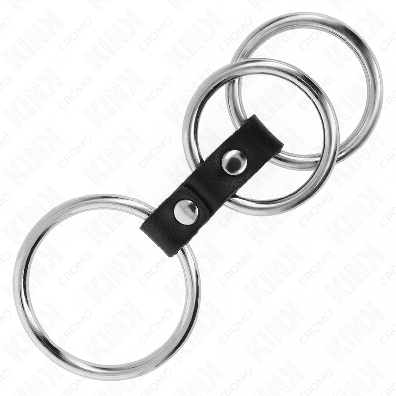 KINK - DRIEDUBBELE METALEN PENISRING 3,7 CM TOT 5 CM VERBONDEN MET LEER