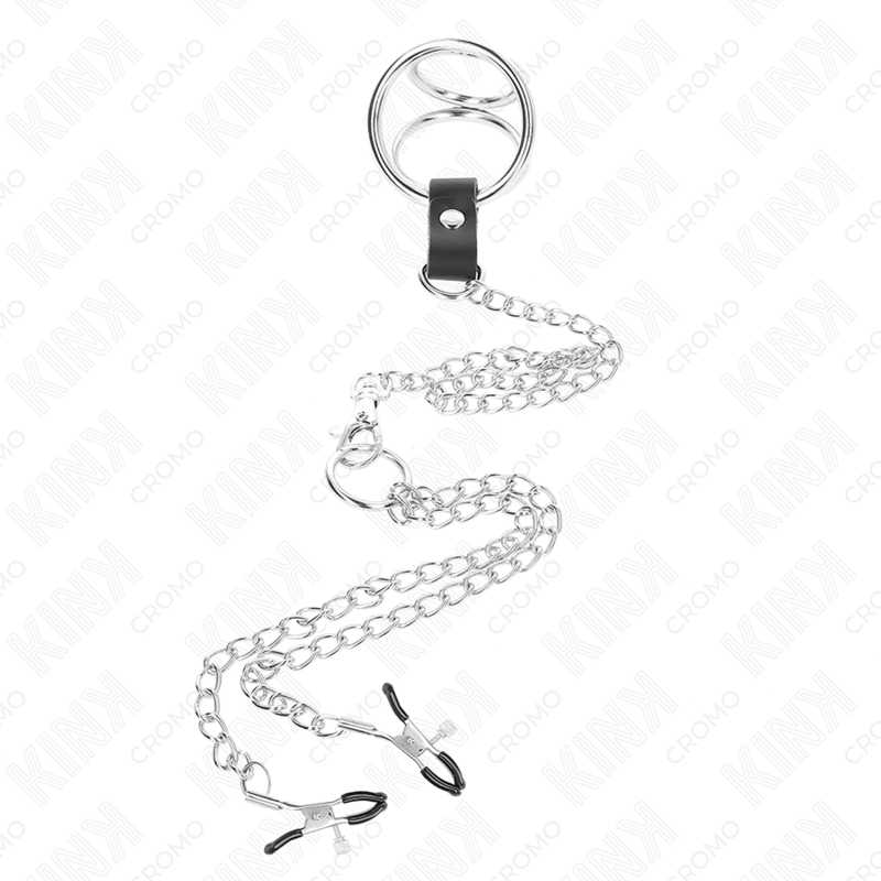 KINK - DRIEDUBBEL VERCHROOMDE METALEN PENISRING 3.8 CM TOT 5 CM MET 26 CM METALEN KETTING EN NIPPELKLEMMEN MODEL 1