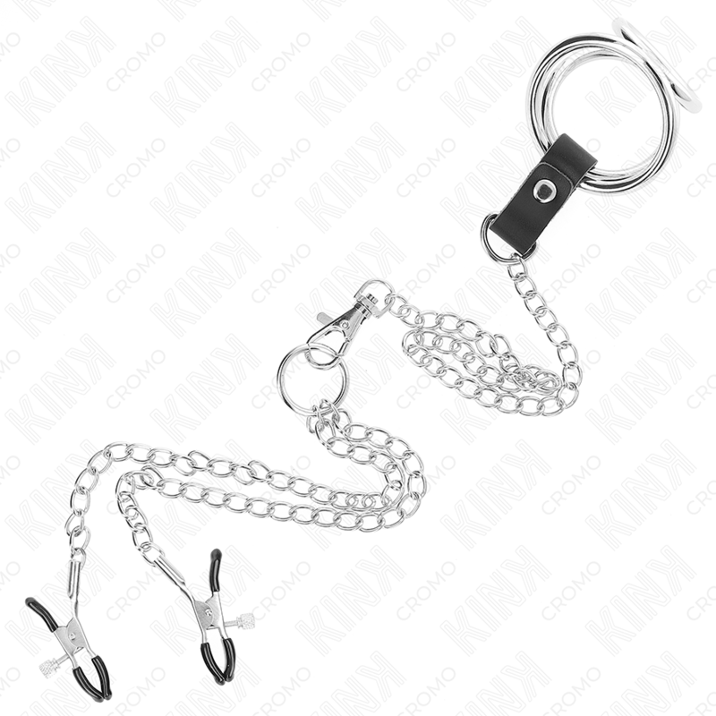 KINK - DRIEDUBBEL VERCHROOMDE METALEN PENISRING 3.8 CM TOT 5 CM MET 26 CM METALEN KETTING EN NIPPELKLEMMEN MODEL 1