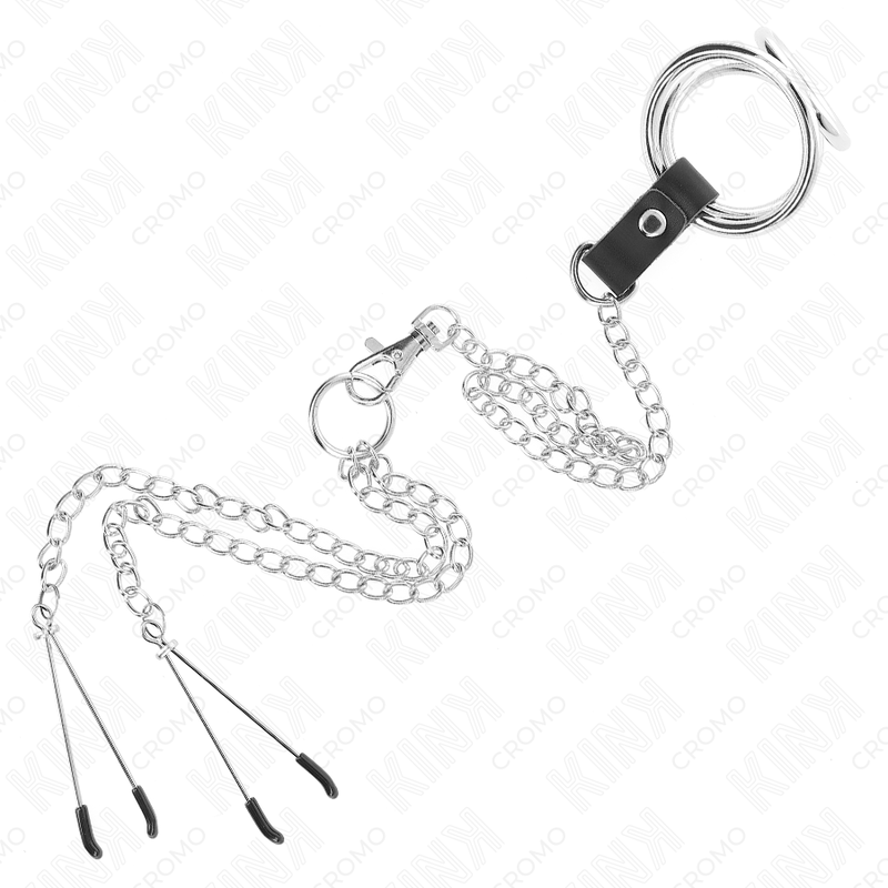 KINK - TRIPLE CHROOM METALEN PENISRING 3.8 CM TOT 5 CM MET 26 CM METALEN KETTING EN NIPPELKLEMMEN MODEL 2