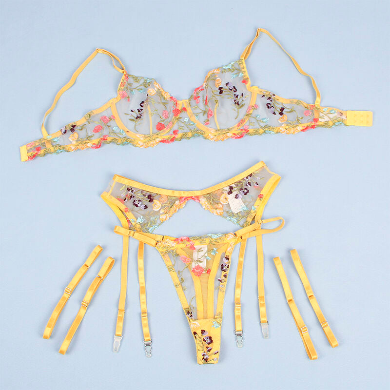 SUBBLIME - 954345 BH + STRING + JARRETELGORDEL BLOEMENDESSIN GEEL S/M