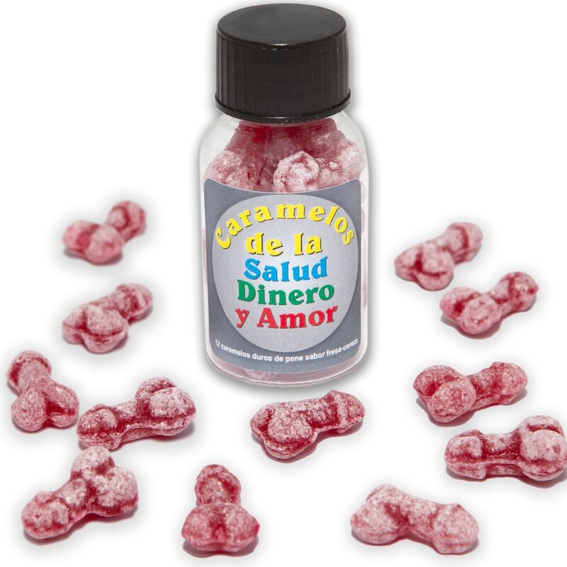 DIABLO PICANTE - 12 GEZONDHEID-GELD-LIEFDE SNOEPJES PENISVORM AARDBEI/KERS
