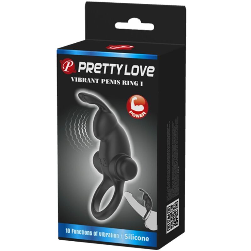 PRETTY LOVE - TRILLENDE RING + KONIJN CLITORIS STIMULATOR 10 TRILLINGEN ZWART