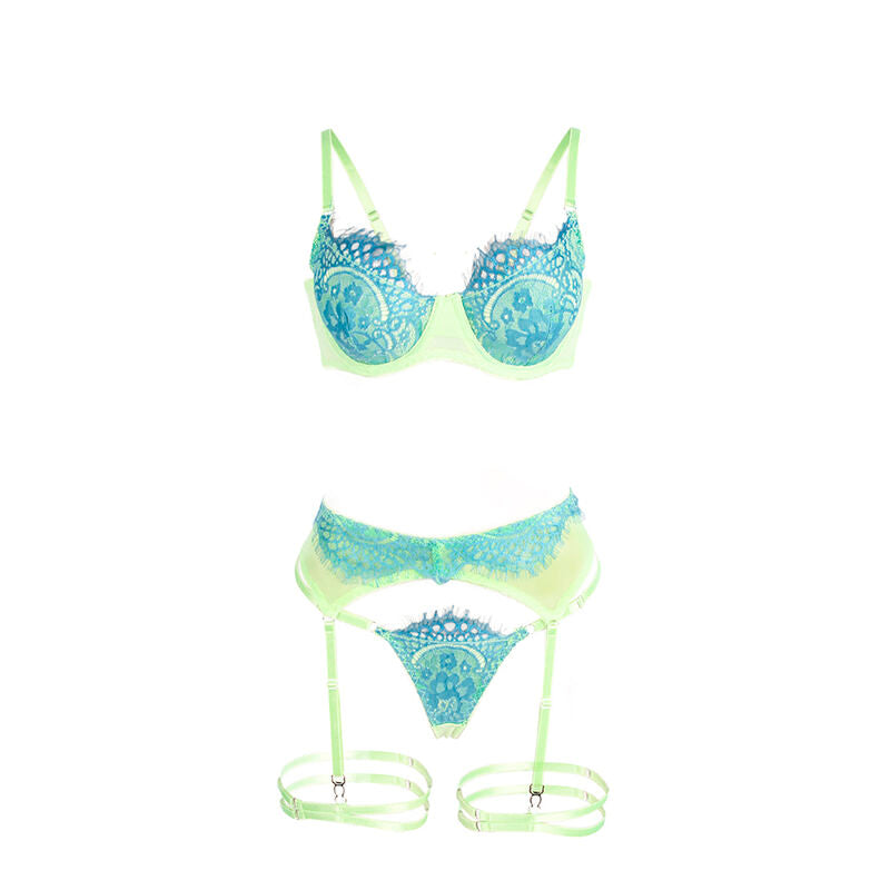 SUBBLIME - 955328 BH-SET MET KANT EN JARRETELBANDEN GROEN EN BLAUW L/XL