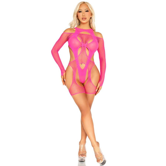 LEG AVENUE - FISCHNET BODYSOCK MET JARRETELGORDEL EN HARNAS NEONROZE