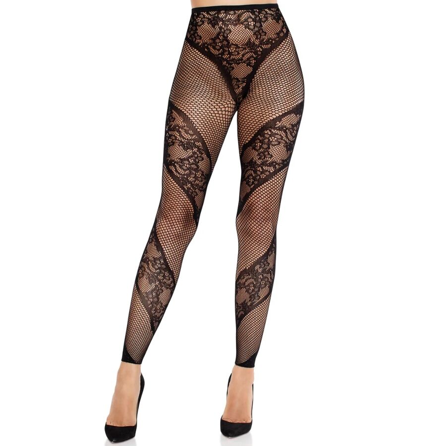 LEG AVENUE - LACE AND SHEER PANTY ZONDER VOET ZWART