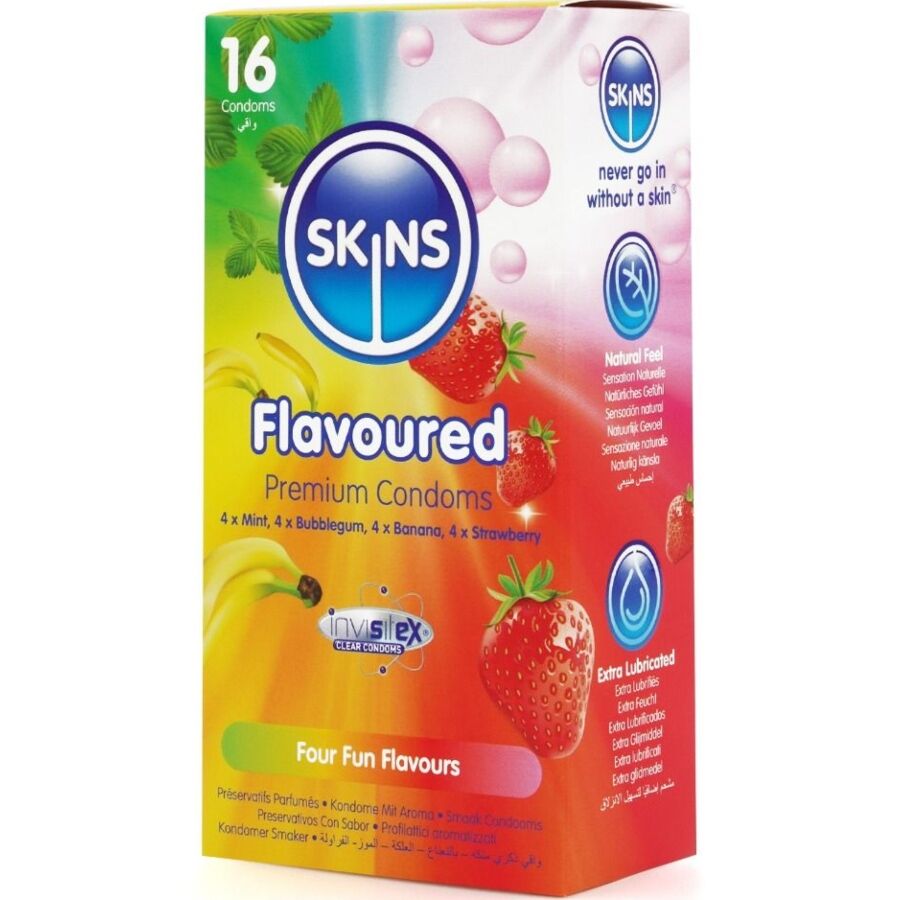 SKINS - CONDOMS MET MEERDERE SMAKEN, PREMIUM VERPAKKING 16 STUKS