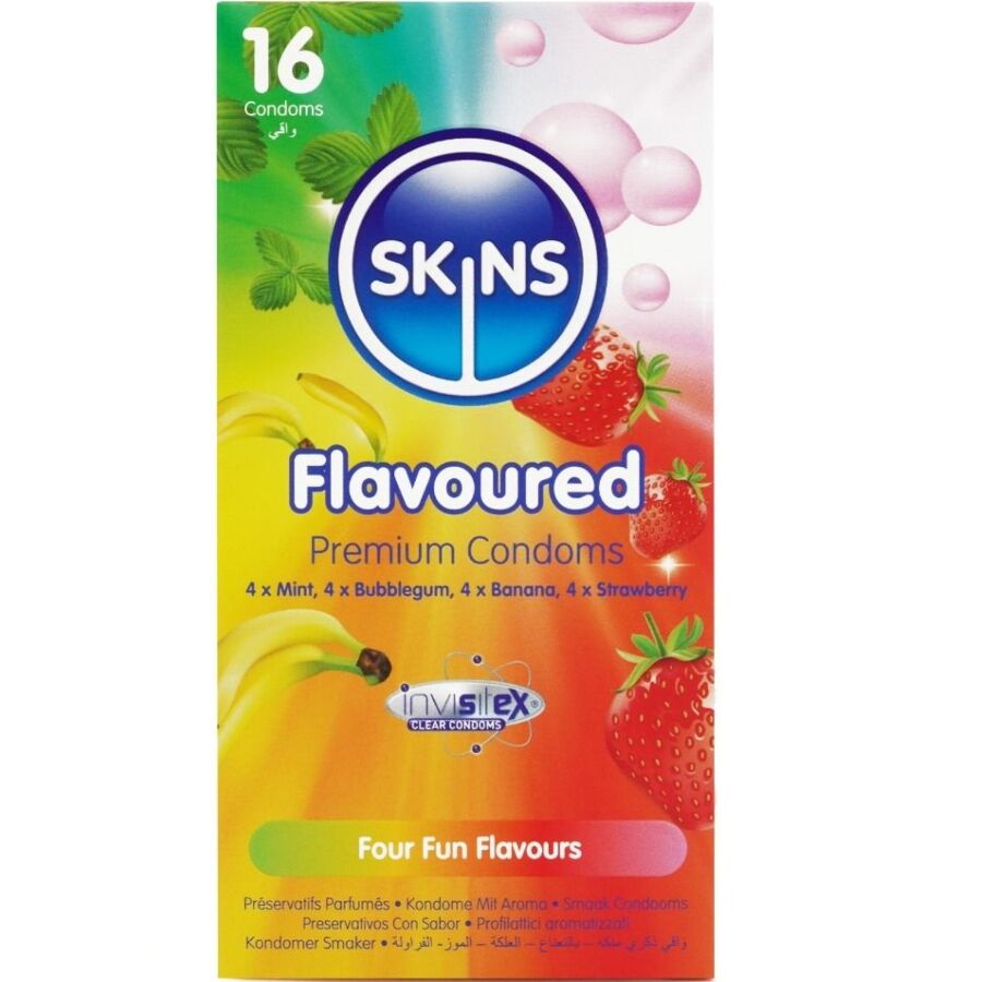 SKINS - CONDOMS MET MEERDERE SMAKEN, PREMIUM VERPAKKING 16 STUKS