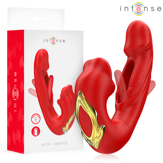 INTENSE - NATHY DUBBELE VIBRATOR MET MULTIFUNCTIONELE STIMULERENDE MOND ROOD