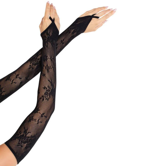 LEG AVENUE - EXTRA LANGE BLOEMEN KANT ARMWARMERS ZWART
