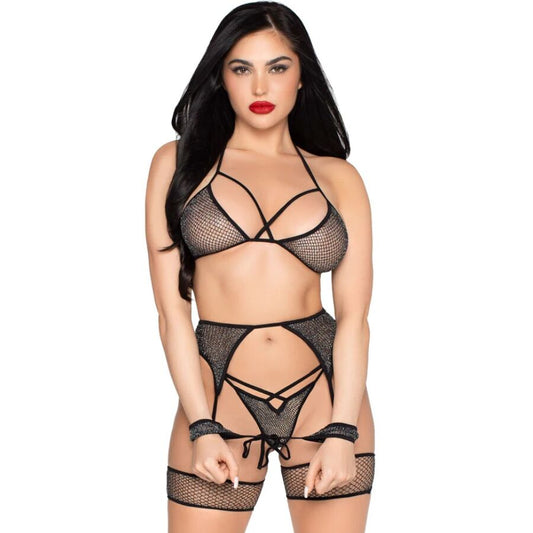 LEG AVENUE - 89362 TOP + STRING + JARRETELGORDEL + HANDBOEIEN SET ZWART - ÉÉN MAAT