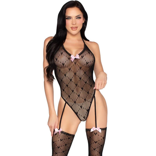 LEG AVENUE - 89360 OPEN RUG BODYSUIT MET JARRETELGORDEL ZWART - ÉÉN MAAT