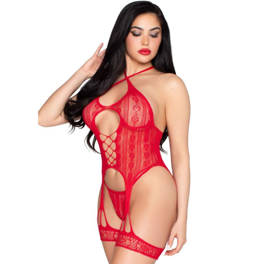 LEG AVENUE - 89338 KANTEN OPEN BODYSUIT MET JARRETELGORDEL + STRING ROOD - EEN MAAT