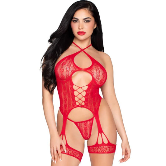 LEG AVENUE - 89338 KANTEN OPEN BODYSUIT MET JARRETELGORDEL + STRING ROOD - EEN MAAT