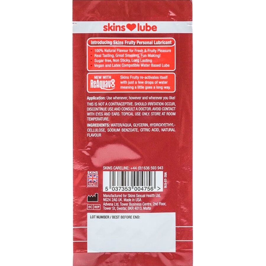 SKINS - FRUITIGE GLIJMIDDEL OP WATERBASIS AARDBEI EENMALIGE DOSIS 5 ML