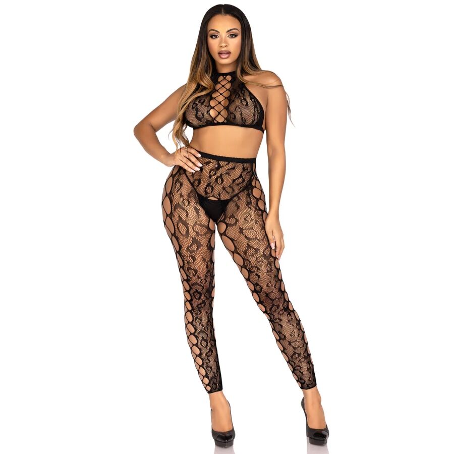 LEG AVENUE - 89372 CROPTOP & KRUISLOZE PANTY ZWART - ONE SIZE