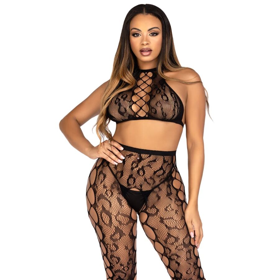 LEG AVENUE - 89372 CROPTOP & KRUISLOZE PANTY ZWART - ONE SIZE