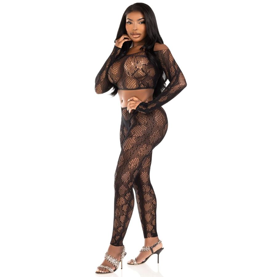 LEG AVENUE - 89373 PYTHON CROP TOP & VOETLOZE PANTY ZWART - EEN MAAT