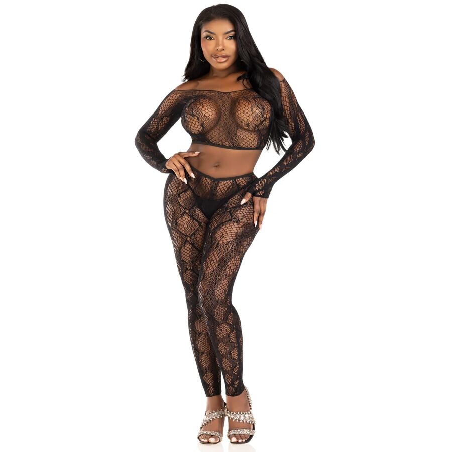 LEG AVENUE - 89373 PYTHON CROP TOP & VOETLOZE PANTY ZWART - EEN MAAT