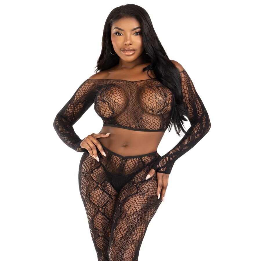 LEG AVENUE - 89373 PYTHON CROP TOP & VOETLOZE PANTY ZWART - EEN MAAT