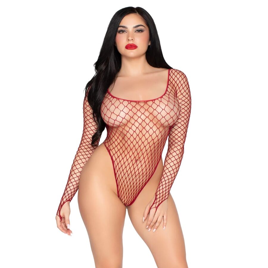 LEG AVENUE - 89377 BODYSUIT VAN INDUSTRIEEL NET MET HOGE UITSPARING ROOD - ONE SIZE