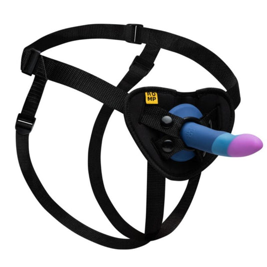 ROMP - PICCOLO HARNAS + SILICONEN DILDO MET DRIEKLEURIGE ZUIGNAP 14 CM