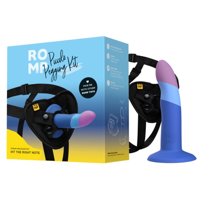 ROMP - PICCOLO HARNAS + SILICONEN DILDO MET DRIEKLEURIGE ZUIGNAP 14 CM