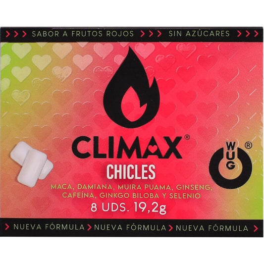 WUG Climax - Functionele kauwgom met Maca, Damiana en Ginseng om het verlangen en de intieme vitaliteit te verbeteren. BLISTER 8 STUKS