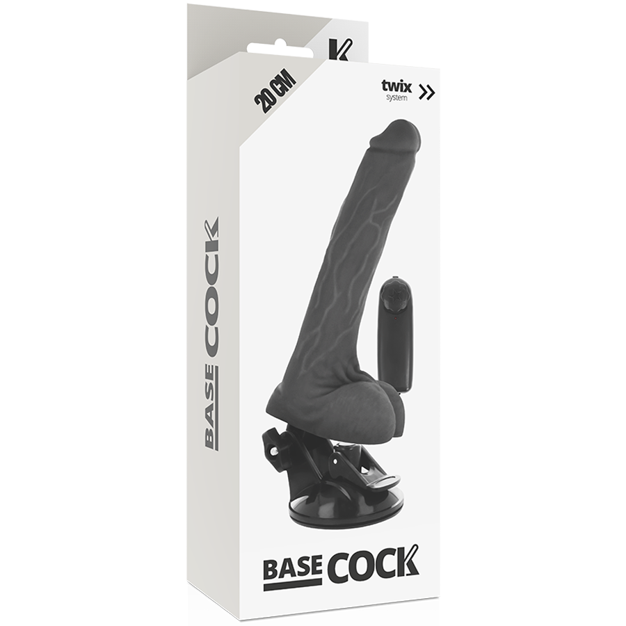 BASECOCK - REALISTISCHE ZWARTE AFSTANDSBEDIENBARE VIBRATOR MET TESTIKELS 20 CM -O- 4 CM
