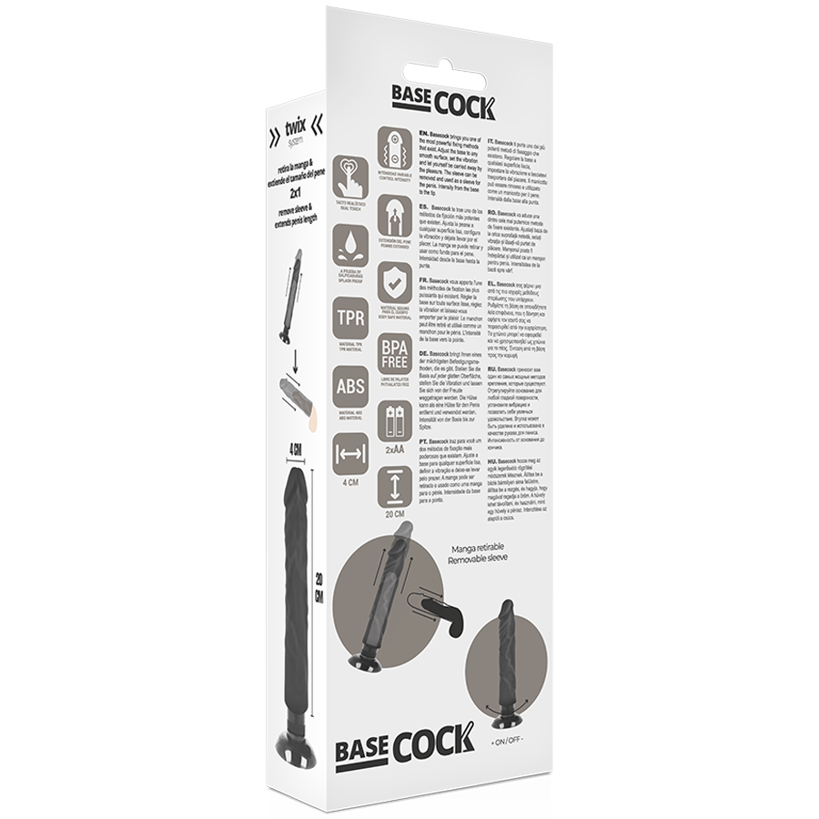 BASECOCK - REALISTISCHE VIBRATOR 2-1 NATUURLIJK ZWART 20 CM -O- 4 CM