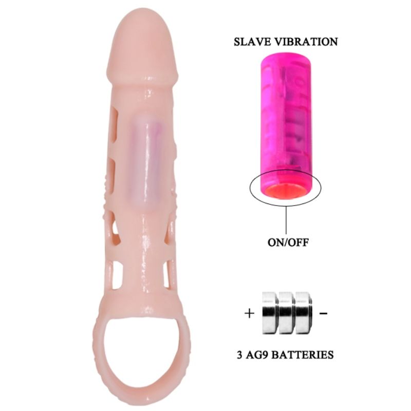 BAILE - PENISVERLENGER HOES MET VIBRATIE EN NATUURLIJKE STRAP 13,5 CM