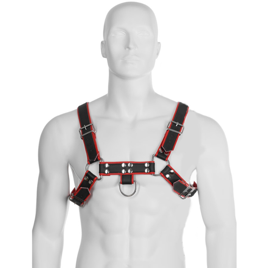 LEREN BODY - KETTING HARNAS III ZWART / ROOD