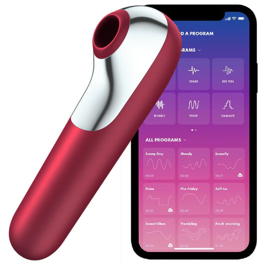 SATISFYER - DUBBELE LIEFDESVIBRATOR EN ZUIGNAP MET GEKRACHTE LUCHT ROOD