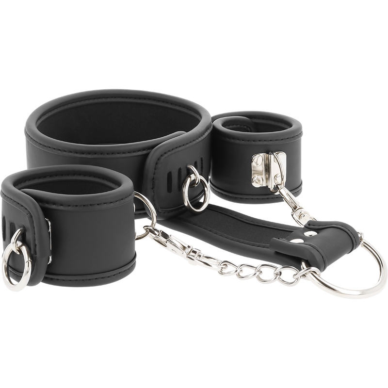 FETISJ-ONDERDANIG - VEGAN LEREN KETTING EN HANDBOEIEN MET NEOPREEN VOERING